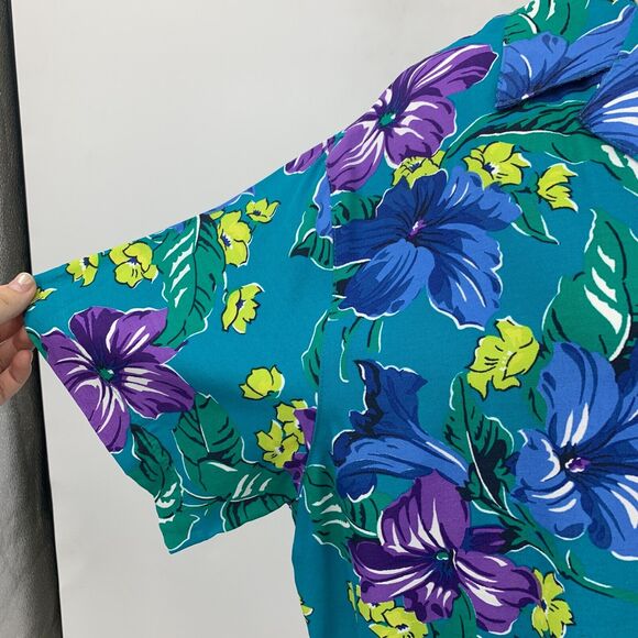 Jones New York Hawaiian Shirt Womens 12 Teal Floral Rayon Short Sleeve Button Up - Picture 5 of 13